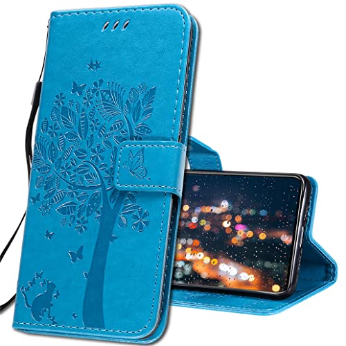 IMIRST Handyhülle für Samsung Galaxy S21 FE 5G Smartphone - Leder hülle für Samsung S21 FE 5G Flip Geldbörse Schutzhülle mit Kreditkartenfach, Ständer für Samsung S21 FE 5G. KT1 Wish Tree Blue von IMIRST