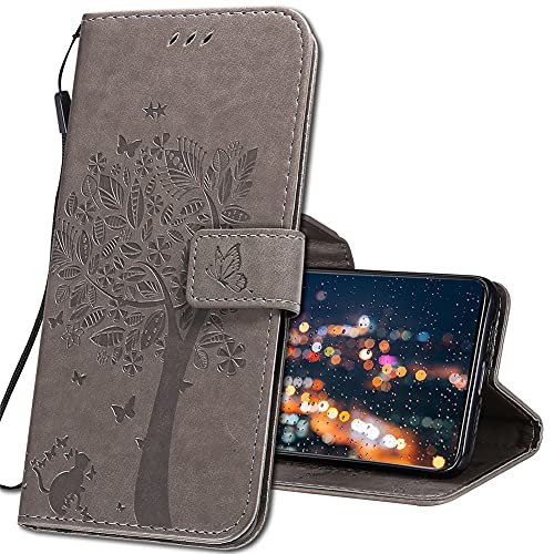 IMIRST Handyhülle für Samsung Galaxy S21 FE 5G Smartphone - Leder hülle für Samsung S21 FE 5G Flip Geldbörse Schutzhülle mit Kreditkartenfach, Ständer für Samsung S21 FE 5G. KT1 Wish Tree Grey von IMIRST