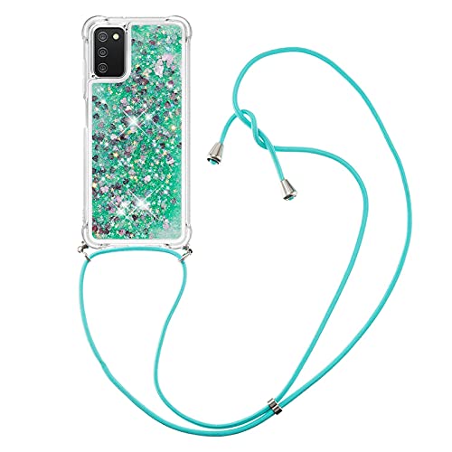 IMIRST Handykette Kompatibel mit Samsung Galaxy A03S, Glitzer Flüssig Bewegende Treibsand Handyhülle mit Necklace mask Lanyard Schutzhülle für Samsung Galaxy A03S. LP Love Green von IMIRST