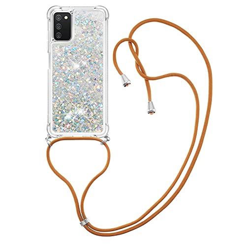 IMIRST Handykette Kompatibel mit Samsung Galaxy A03S, Glitzer Flüssig Bewegende Treibsand Handyhülle mit Necklace mask Lanyard Schutzhülle für Samsung Galaxy A03S. LP Love Silver von IMIRST