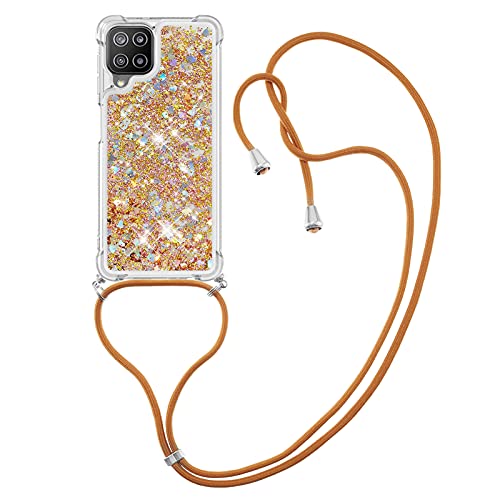 IMIRST Handykette Kompatibel mit Samsung Galaxy A22 4G, Glitzer Flüssig Bewegende Treibsand Handyhülle mit Necklace mask Lanyard Schutzhülle für Samsung Galaxy A22 4G. LP Love Gold von IMIRST