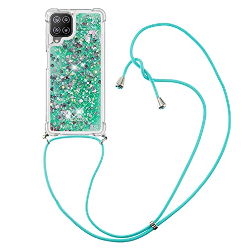 IMIRST Handykette Kompatibel mit Samsung Galaxy A22 4G, Glitzer Flüssig Bewegende Treibsand Handyhülle mit Necklace mask Lanyard Schutzhülle für Samsung Galaxy A22 4G. LP Love Green von IMIRST