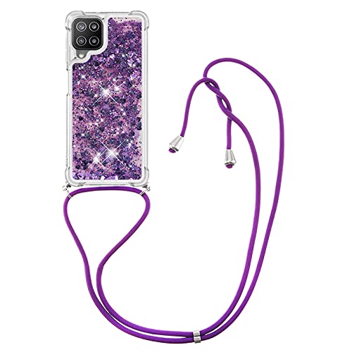 IMIRST Handykette Kompatibel mit Samsung Galaxy A22 4G, Glitzer Flüssig Bewegende Treibsand Handyhülle mit Necklace mask Lanyard Schutzhülle für Samsung Galaxy A22 4G. LP Love Purple von IMIRST