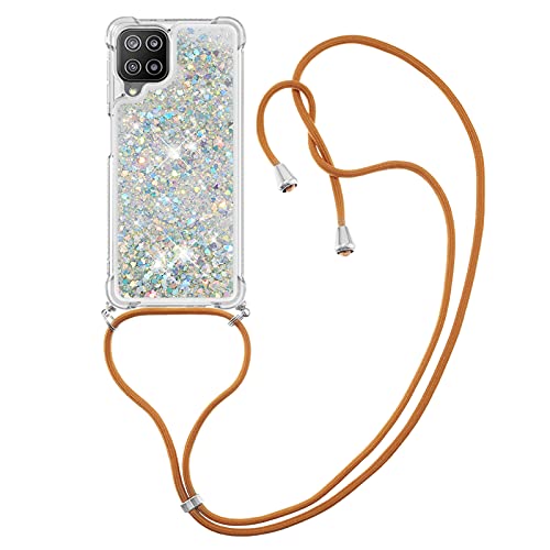 IMIRST Handykette Kompatibel mit Samsung Galaxy A22 4G, Glitzer Flüssig Bewegende Treibsand Handyhülle mit Necklace mask Lanyard Schutzhülle für Samsung Galaxy A22 4G. LP Love Silver von IMIRST