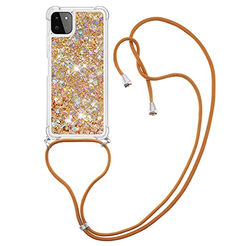 IMIRST Handykette Kompatibel mit Samsung Galaxy A22 5G, Glitzer Flüssig Bewegende Treibsand Handyhülle mit Necklace mask Lanyard Schutzhülle für Samsung Galaxy A22 5G. LP Love Gold von IMIRST