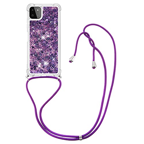 IMIRST Handykette Kompatibel mit Samsung Galaxy A22 5G, Glitzer Flüssig Bewegende Treibsand Handyhülle mit Necklace mask Lanyard Schutzhülle für Samsung Galaxy A22 5G. LP Love Purple von IMIRST