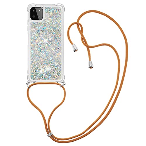 IMIRST Handykette Kompatibel mit Samsung Galaxy A22 5G, Glitzer Flüssig Bewegende Treibsand Handyhülle mit Necklace mask Lanyard Schutzhülle für Samsung Galaxy A22 5G. LP Love Silver von IMIRST