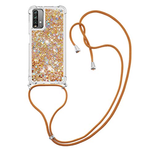 IMIRST Handykette Kompatibel mit Xiaomi Redmi 9T, Glitzer Flüssig Bewegende Treibsand Handyhülle mit Necklace mask Lanyard Schutzhülle für Xiaomi Redmi 9T. LP Love Gold von IMIRST