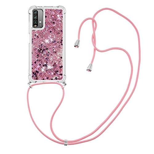 IMIRST Handykette Kompatibel mit Xiaomi Redmi 9T, Glitzer Flüssig Bewegende Treibsand Handyhülle mit Necklace mask Lanyard Schutzhülle für Xiaomi Redmi 9T. LP Love Rose von IMIRST