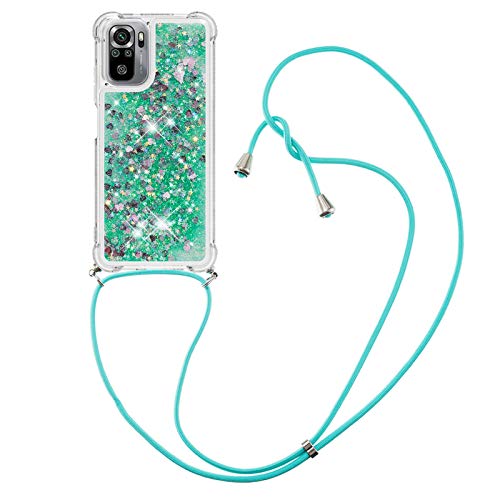 IMIRST Handykette Kompatibel mit Xiaomi Redmi Note 10S, Glitzer Flüssig Bewegende Treibsand Handyhülle mit Necklace mask Lanyard Schutzhülle für Redmi Note 10 4G/ Redmi Note 10S. LP Love Green von IMIRST