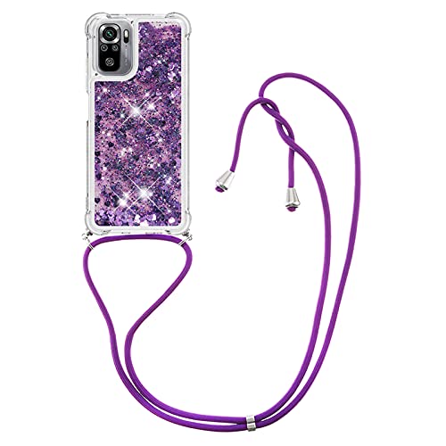 IMIRST Handykette Kompatibel mit Xiaomi Redmi Note 10S, Glitzer Flüssig Bewegende Treibsand Handyhülle mit Necklace mask Lanyard Schutzhülle für Redmi Note 10 4G/ Redmi Note 10S. LP Love Purple von IMIRST