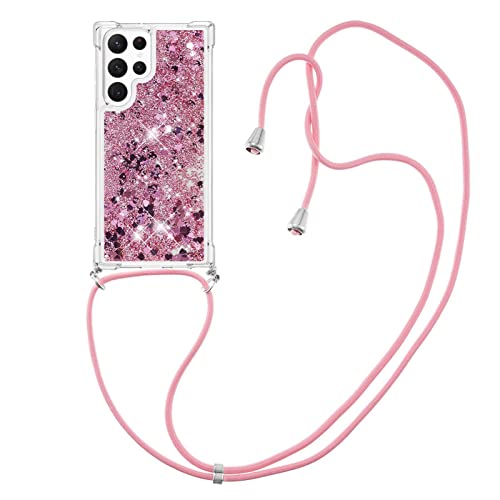 IMIRST Lanyard Handyhülle Kompatibel mit Samsung S23 Ultra Bling Liquid Glitter Silikon Shell Stoßfeste Kawaii Abdeckung mit Schnur Halskette Hülle für Samsung Galaxy S23 Ultra. LP Love Rose von IMIRST