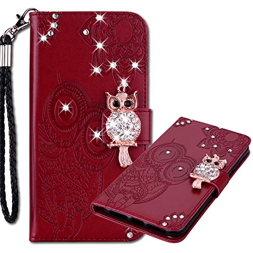 IMIRST Lederhülle Xiaomi Redmi Note 10 Pro Flip Hülle, 3D Prägung Eule Bling Diamond Schutzhülle mit Handschlaufe Voller Schutz Handyhülle für Xiaomi Redmi Note 10 Pro. Owl Brown von IMIRST