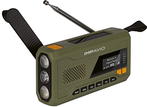 IMPAVIO DAB 1 - DAB+ Kurbelradio/Notfallradio - tragbares Digitalradio (Radio, DAB/DAB+/UKW/FM, Bluetooth, Solarzelle, Kurbel, Akku, Taschenlampe, SOS, Powerbank) grün, Klein von IMPAVIO