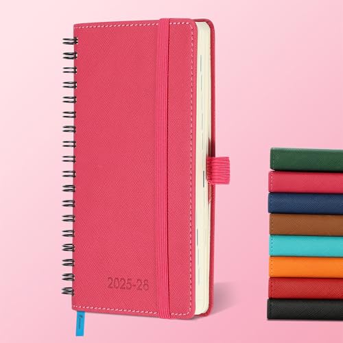 IN-LUXPRO Kalender 2025 2026 Wochenplaner,A6(16.6 x 9.7cm),18-Monate Buchkalender (Jul.2025-Dez.2026) Ringbuch mit Softcover,wochenkalender mit selbstklebendem Stifthalter,Rosenrot. von IN-LUXPRO