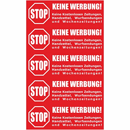 Briefkastenaufkleber - Achtung Stop Bitte keine Werbung! 5 Aufkleber rot - 105x35mm - Keine kostenlosen Zeitungen, Handzettel, Wurfsendungen und Wochenzeitungen! von INDIGOS UG
