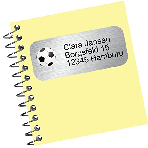 INDIGOS UG® Namensaufkleber Adressaufkleber - 42x22 mm - personalisiert - Edelstahllook - 012 - Fußball - 99 Stück für Kinder, Schule und Kindergarten - Stifte, Federmappe, Lineale von INDIGOS UG