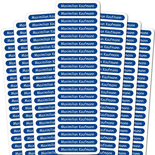 INDIGOS UG® Namensaufkleber Sticker - 51x7 mm - 140 Stück für Kinder, Schule und Kindergarten - Stifte, Federmappe, Lineale - blauer Hintergrund - individueller Aufdruck von INDIGOS UG