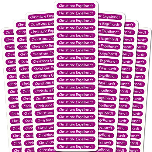 INDIGOS UG® Namensaufkleber Sticker - 51x7 mm - 140 Stück für Kinder, Schule und Kindergarten - Stifte, Federmappe, Lineale - lila Hintergrund - individueller Aufdruck von INDIGOS UG