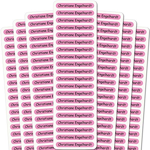 INDIGOS UG® Namensaufkleber Sticker - 51x7 mm - 140 Stück für Kinder, Schule und Kindergarten - Stifte, Federmappe, Lineale - rosa Hintergrund - individueller Aufdruck von INDIGOS UG