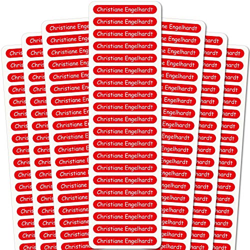 INDIGOS UG® Namensaufkleber Sticker - 51x7 mm - 140 Stück für Kinder, Schule und Kindergarten - Stifte, Federmappe, Lineale - roter Hintergrund - individueller Aufdruck von INDIGOS UG