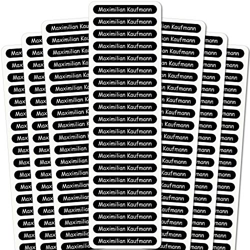INDIGOS UG® Namensaufkleber Sticker - 51x7 mm - 140 Stück für Kinder, Schule und Kindergarten - Stifte, Federmappe, Lineale - schwarzer Hintergrund - individueller Aufdruck von INDIGOS UG