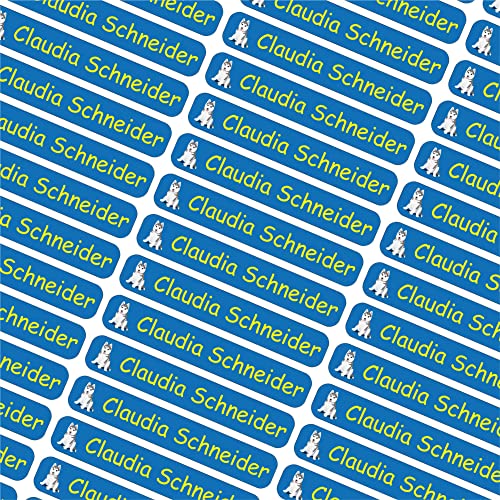 INDIGOS UG® Namensaufkleber Sticker - 6x1cm - personalisierte Klebeetiketten - 027 - Hund - 60 Stück für Kinder, Schule Kindergarten - Stifte, Federmappe, Lineale - individueller Aufdruck von INDIGOS UG