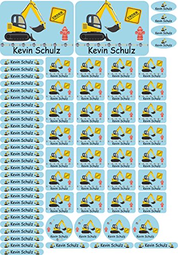 INDIGOS UG® Namensaufkleber Sticker - A4-Bogen - 006 - Bagger - 69 Sticker für Kinder, Schule und Kindergarten - Stifte, Federmappe, Lineale - auch für Erwachsene - individueller Aufdruck von INDIGOS UG