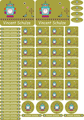 INDIGOS UG® Namensaufkleber Sticker - A4-Bogen - 018 - Roboter - 69 Sticker für Kinder, Schule und Kindergarten - Stifte, Federmappe, Lineale - auch für Erwachsene - individueller Aufdruck von INDIGOS UG