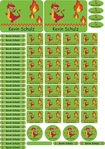 INDIGOS UG® Namensaufkleber Sticker - A4-Bogen - 032 - Drachen - 69 Sticker für Kinder, Schule und Kindergarten - Stifte, Federmappe, Lineale - auch für Erwachsene - individueller Aufdruck von INDIGOS UG
