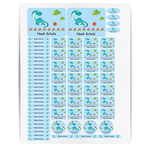 INDIGOS UG® Namensaufkleber Sticker - A4-Bogen - 034 - Dinosaurier - 69 Sticker für Kinder, Schule und Kindergarten - Stifte, Federmappe, Lineale - auch für Erwachsene - individueller Aufdruck von INDIGOS UG