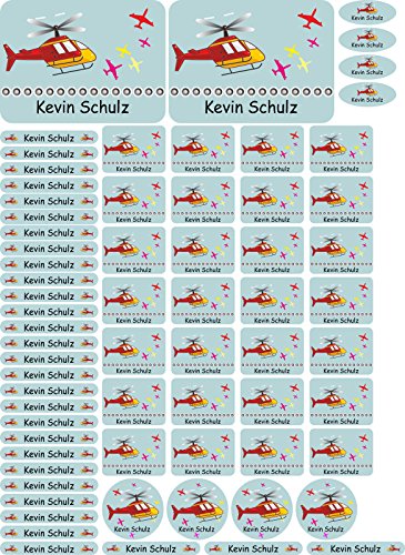INDIGOS UG® Namensaufkleber Sticker - A4-Bogen - 055 - Hubschrauber - 69 Sticker für Kinder, Schule und Kindergarten - Stifte, Federmappe, Lineale - auch für Erwachsene - individueller Aufdruck von INDIGOS UG