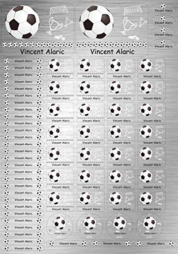 INDIGOS UG Namensaufkleber Kinder Schule Edelstahllook - 012 - Fußball - 69 Sticker personalisiert - Namensschilder für KITA, Stifte, Lineale, Federmappen - Etiketten selbstklebend von INDIGOS UG
