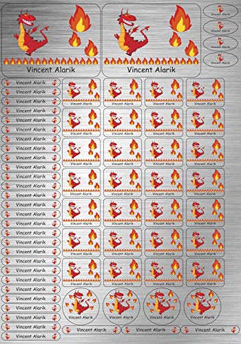 INDIGOS UG Namensaufkleber Kinder Schule Edelstahllook - 032 - Drachen - 69 Sticker personalisiert - Namensschilder für KITA, Stifte, Lineale, Federmappen - Etiketten selbstklebend von INDIGOS UG