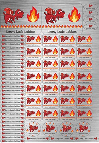 INDIGOS UG Namensaufkleber Kinder Schule Edelstahllook - 091 - kleiner lustiger Drache - 69 Sticker personalisiert - Namensschilder für KITA, Stifte, Lineale, Federmappen - Etiketten selbstklebend von INDIGOS UG