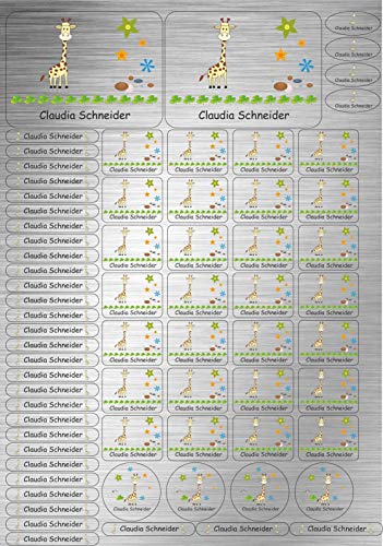 INDIGOS UG® Namensaufkleber Sticker - A4-Bogen - hochwertiger Edelstahllook - 103 - Giraffe - 69 Sticker für Kinder, Schule und Kindergarten - Stifte, Federmappe, Lineale - individuell von INDIGOS UG