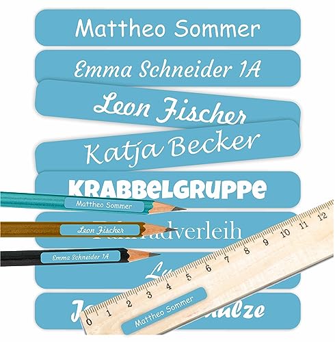 INDIGOS UG® Namensaufkleber für Kinder, Schule & Kita - hellblau - Aufkleber mit Namen für Schulsachen - Stifte - individuell personalisiert - wasserfest für die Spülmaschine - 150 Stück von INDIGOS UG