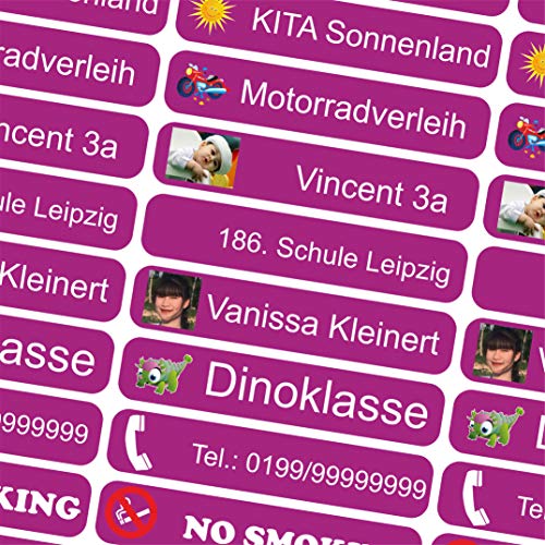 INDIGOS UG Namensaufkleber Kinder Schule mit Foto & Bild - 36x7 mm - 10-150 Sticker - Namensschilder selbstklebend - Aufkleber selbst gestalten - personalisiert - für Kindergarten, Sport - lila von INDIGOS UG