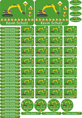 Personalisierbare Bügeletiketten 69 Wäscheetiketten mit Namen - 004 - Bagger - Namensetiketten Etiketten Schule KITA zum Einbügeln Wäscheschilder Namensschilder mit Motiv von INDIGOS UG