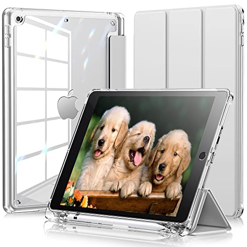 INFILAND Hülle für iPad 9th /8th /7th Generation (2021/2020/2019) 10.2 Zoll mit Stifthalter,【Ultra-klarer Rücken & PU-Lederabdeckung】【6 FT Fallschutz】 Stoßfeste Schutzhülle, Clear Silber von INFILAND