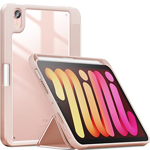 INFILAND Kompatibel mit iPad Mini 6 2021, iPad Mini 6 Hülle, TPU Stoßfest Grenze&Transparent PC Clear Zurück Schutzhülle mit stifthalter mit Auto Schlaf/Weckfunktion(Rosa) von INFILAND