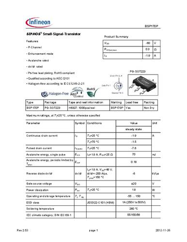Infineon Technologies BSP170P MOSFET 1 P-Kanal 1.8W SOT-223 von INFINEON TECHNOLOGIES