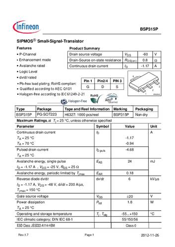 Infineon Technologies BSP315P MOSFET 1 P-Kanal 1.8W SOT-223 von INFINEON TECHNOLOGIES