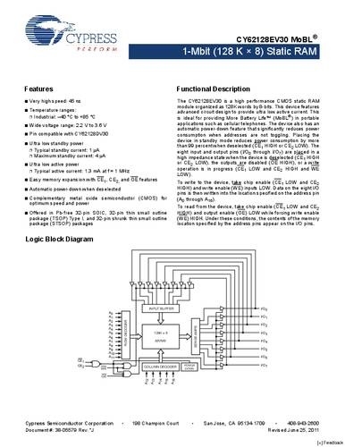 Infineon Technologies CY62128EV30LL-45SXI Speicher-IC SOIC-32 SRAM 1 MBit 128 K x 8 Tube von INFINEON TECHNOLOGIES
