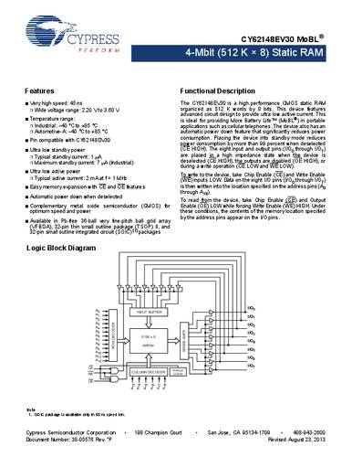 Infineon Technologies CY62148EV30LL-45ZSXI Speicher-IC TSOP-32 SRAM 4 MBit 512 K x 8 Tray von INFINEON TECHNOLOGIES