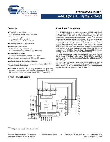 Infineon Technologies CY62148EV30LL-45ZSXI Speicher-IC TSOP-32 SRAM 4 MBit 512 K x 8 Tray von INFINEON TECHNOLOGIES