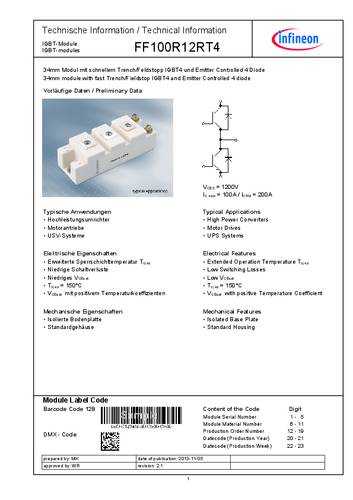 Infineon Technologies FF100R12RT4HOSA1 IGBT - Modul 1200V Bulk von INFINEON TECHNOLOGIES