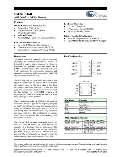 Infineon Technologies FM24CL16B-GTR Speicher-IC SOIC-8 FRAM 16 kBit 2 K x 8 Tape on Full reel von INFINEON TECHNOLOGIES