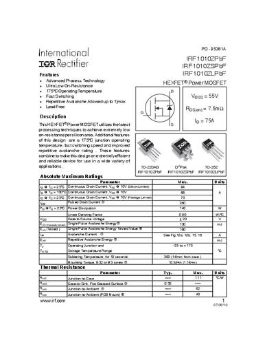 Infineon Technologies IRF1010ZSPBF-GURT MOSFET 1 N-Kanal 140W D2PAK von INFINEON TECHNOLOGIES