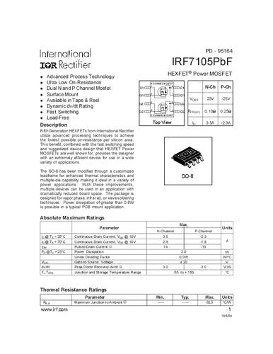 Infineon Technologies IRF7105PBF-GURT MOSFET 2 N-Kanal, P-Kanal 2.0W SO-8 von INFINEON TECHNOLOGIES